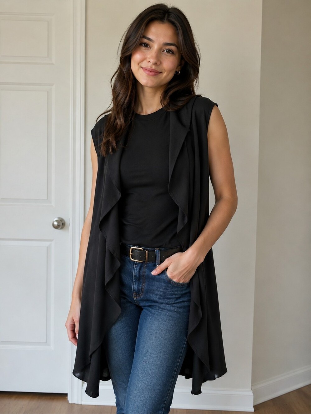 Black Ruffled Open Front Cardigan Sweater Size XL